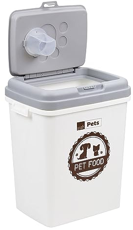 Taylor & Brown 40L/15KG Airtight Pet Food Storage Container Flip Top Locking System With Integrated Scoop Plastic Birds Pet Dog Cat Animal Dry Food Dispenser Bin, White/Grey