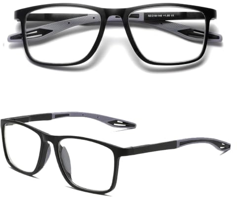 Hubeye TR90 Sport Lesebrille für Damen und Herren Gute Quadratische bequeme flexible Anti-blaue Computerbrille Hochwertig Komfortabel Lesehilfe (Schwarz, 2.00)