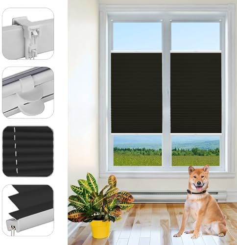 Plissee ohne Bohren Plissees Klemmfix 100 x 130 cm Blickdicht Sichtschutz Sonnenschutz Jalousie Faltrollo Blickdicht, inkl Befestigungsmaterial, für Schlafzimmer Badezimmer, Schwarz