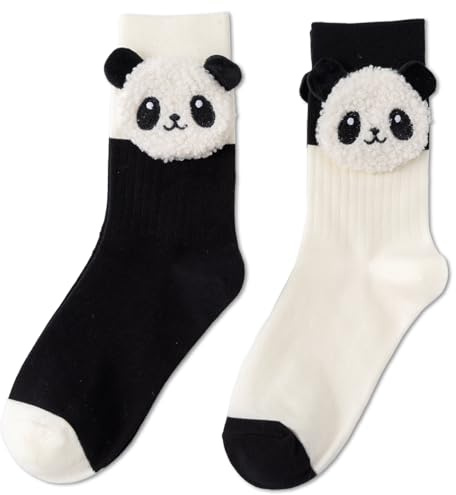 newplenty Lot de 2 paires de chaussettes douillettes pour femme 36-42,2 paires de chaussettes en coton - Motif panda - Chaussettes de Noël amusantes, Panda blanc et noir, taille unique