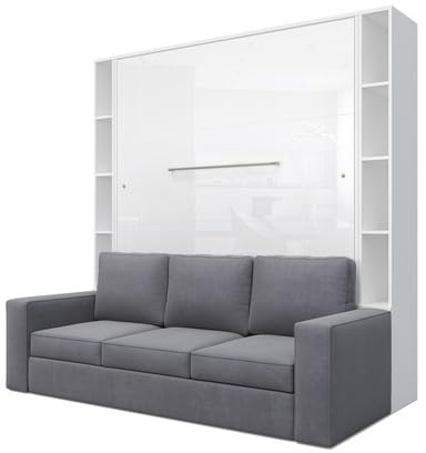 MAXIMAHOUSE Schrankbett vertikal Invento LED 160V (160x200) mit Sofa Milo und Regalen (Weiß/Weiß Glanz + graues Sofa + Regalen)