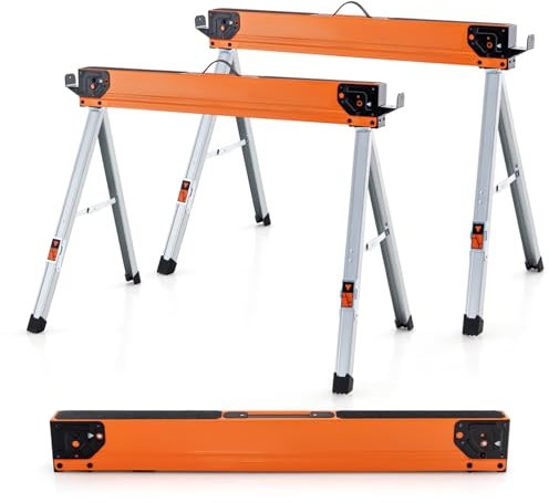 SOARS Juego de 2 Caballetes de Sierra Plegables, Caballete Plegable con Capacidad de Carga Máxima de 1000 Kg y con Superficie de Trabajo Antideslizante, Caballete de Metal Portátil para Serrar
