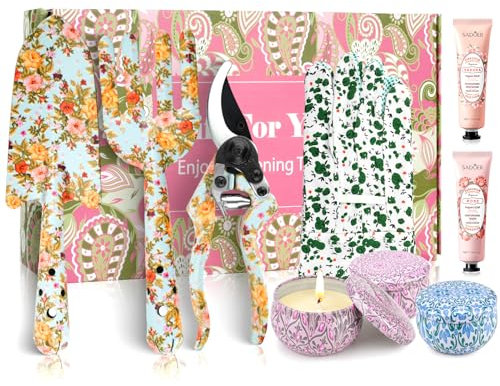 Gifts for Mum, Gardening Tools Gifts with Floral Print and Beautiful Gift Box, Scented Candles, Hand Cream with Trowel and Fork set Luxury Birthday Gifts for Women Mum, Mothers Day, Christmas