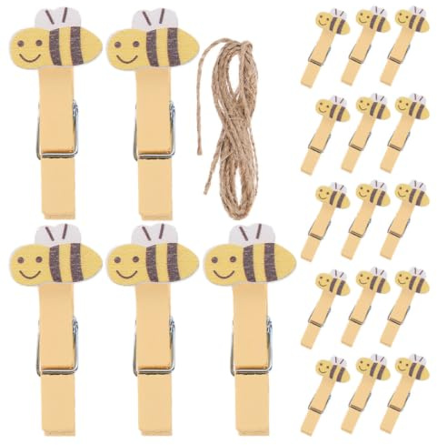 HOLIDYOYO Mini Holzklammern Mit Bienenmotiv Und Juteschnur 20 Stück Kleine Wäscheklammern Für Fotos Snacks Und Bastelarbeiten Vielseitige Bildklammern Für Haushalt Und Dekoration