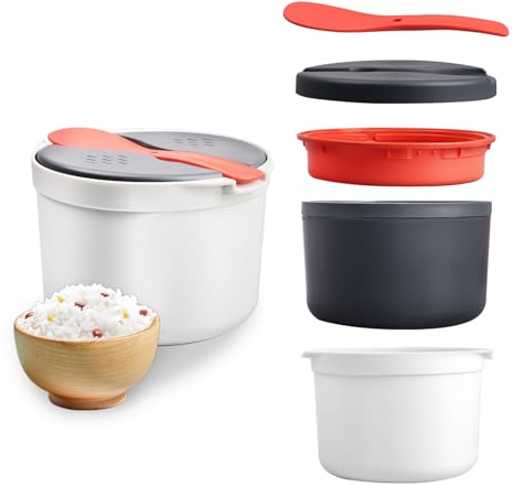 2L Arrocera Microondas, Arrocera Pequeña Microondas para Lavavajillas Olla Arrocera para Microondas Cocedor Arroz Microondas Olla de Microondas, para un Arroz Perfectamente Cocido en Pocos Minutos
