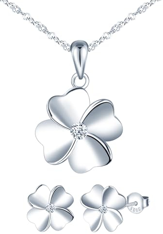 MICMIF 925 Sterling Silber Schmuckset für Damen Vierblättriges Kleeblatt Ohrringe und Halskette für Frauen Mädchen, Ohrstecker Kleeblatt und Kette Anhänger Kleeblatt Set mit Zirkonia