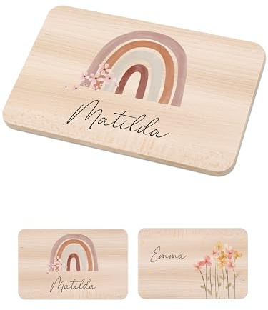 Bärenfreunde - Individuelles Holzbrett mit hochwertigem Spezial-Druck für Kinder - Personalisiertes Frühstücksbrettchen - Niedliche Motiv-Brettchen mit Namen (Regenbogen Blumen)