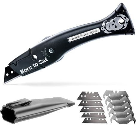 Delphin®-03 Teppichmesser, Spezial Edition, Feststehende Klinge, Profi Cuttermesser, Alu, Klingen und Kunststoffköcher, Rechts- u. Linkshänder