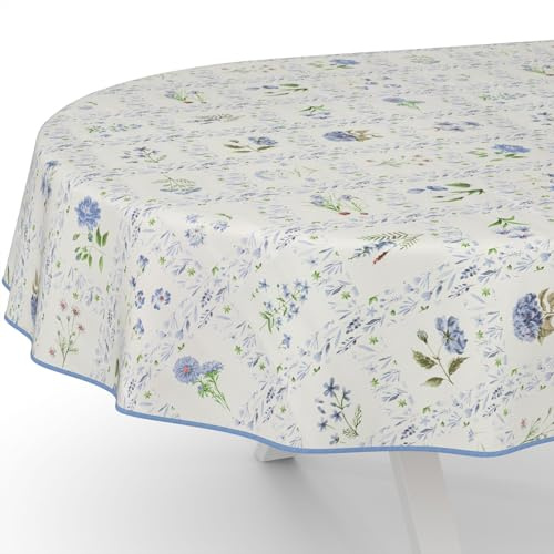 Wachstuchtischdecke Wachstischdecke Wachstuch Tischdecke abwaschbar Gartentischdecke Wasserabweisend Oval 160x140cm mit Saum (Eingefasst) Blumenkaro Blau