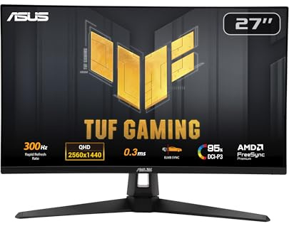 ASUS TUF Gaming 27” 1440P Monitor (VG27AQM5A) - QHD (2560x1440), 300Hz, Fast IPS, Extreme Low Motion Blur Sync, 0.3ms, Speaker, 95% DCI-P3, Shadow Boost, DisplayWidget Center, 3 yr Warranty
