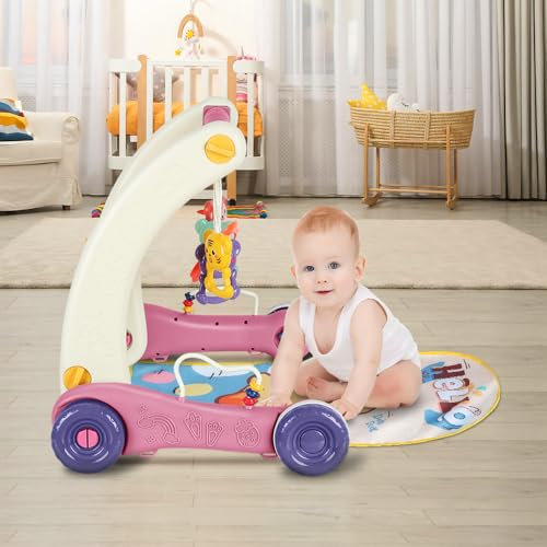 Girello musicale per bambini, tappeto di risveglio per bambini con melodie, centro di attività di apprendimento con pianoforte, giocattoli appesi, 6 mesi e più (rosa)