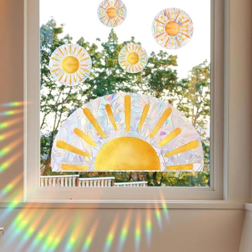 Hinapan Rainbow Window Stickers, with Colourful Rainbow Clouds and Suncatcher, Static Window Film for Glass, Bird Protection Stickers, Non-Adhesive and Reusable (Sun)