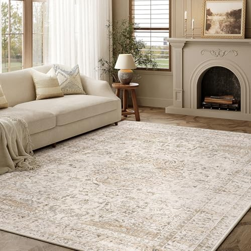 HUGEAR Beige Vintage Tapis Salon 160x230cm Lavable en Machine Antidérapant Grand Carpet Descente de Lit Chambre Adulte Salle a Manger Cuisine Bureau Doux Poil Ras Carpette