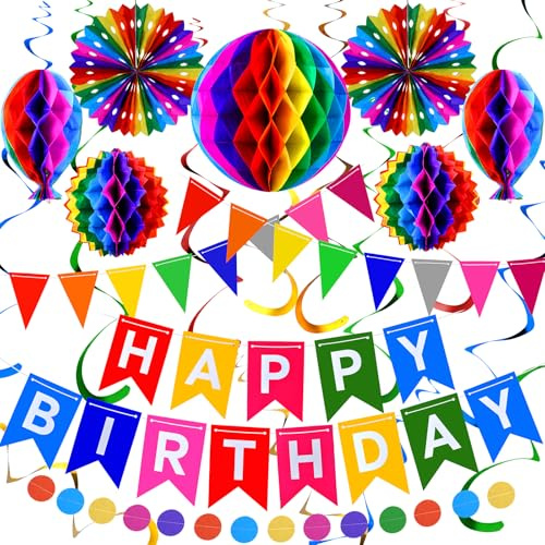 iFunLong Rainbow Reusable Birthday Decoration Set - Happy Birthday Banner, Bunting, Paper Fans and Honeycomb Decorations, Streamers Set, Colourful Paper Rainbow Party Decorations for Girls and Womens