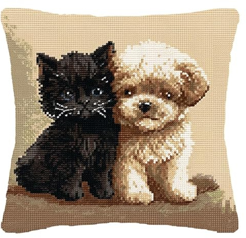 YarnAdventures Tier Knüpfkissen für Kinder Erwachsene,Süße Katze und Hund,Kissenbezug Knüpfteppich Zum Selber Knüpfen DIY Kissen Latch Hook Kit,17x17in
