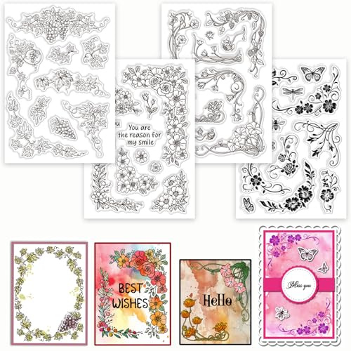 GLOBLELAND 4 Blatt Blumenecken Transparenter Stempel Für Scrapbooking Rankenpflanzen Spitzen Silikonstempel Rosenrahmen Transparentes Stempelset Für Kartengestaltung DIY Prägung Journaling