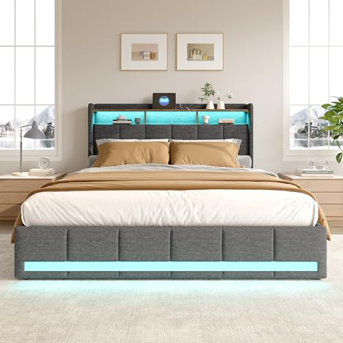 FOERPL LED-säng för 2 personer med uttag, 180 x 200 LED-säng med låda och förvaring, vadderad dubbelsäng, med 4 lådor och lameller, USB-laddningsfunktion, vadderad sängram (grå, D, 180 x 200 cm)