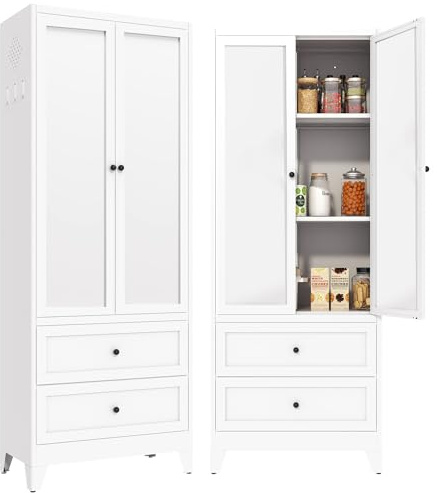 VIYET 72 Tall Kitchen Pantry Cabinet,White Metal Pantry Cabinet with 2 Drawers & 2 Adjustable Shelves,Utility Storage Cabinet for Living Room,Garage,Basement