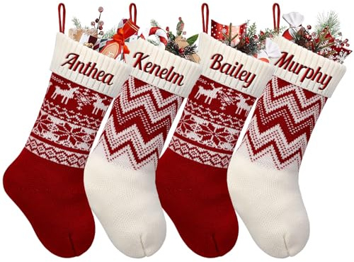 SearchI Chaussette de Noël personnalisée Nom Tricotés 46cm Décorations de Bas de Noël Personnalisable a Chaussettes de Cheminée à Suspendre Xmas Sac Cadeau Sac de Bonbons(2 pièce)