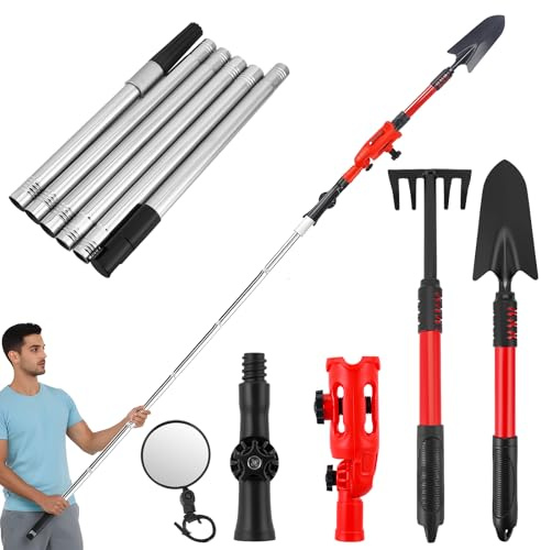 Limpiador de canalones de 180 cm, ángulo ajustable de 360°, cuchara de limpieza con 6 mangos telescópicos y espejo de inspección para limpiar hojas, suciedad, ventanas, canalones, candelabros