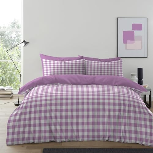 BritAces Gingham Moor Duvet Cover Set – Soft Microfibre Bedding Set with Pillowcases | Lightweight, Breathable & Durable – Easy-Care Checkered Bed Linen for All Seasons (Lilac Purple, Double)