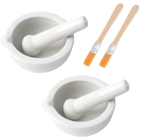 UCFBWO Set di 2 mortaio con pestello e spazzole, piccolo mortaio di porcellana pestello set di pesto in ceramica piccola ciotola per erbe aromatiche pesto cucina mortaio accessori scientifici 80 mm