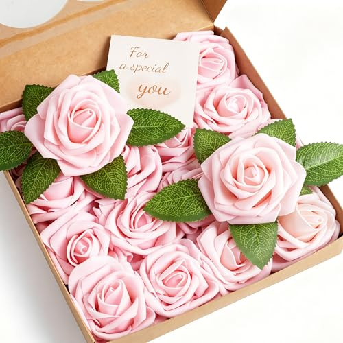 XIANNVXI Pink Roses Artificial Flowers with Stems,Realistic Fake Faux Foam Roses,Pink Flowers for Wedding Bridesmaid Bridal Bouquet Valentines Table Centerpieces Party Decor Floral Arrangement 16Pcs