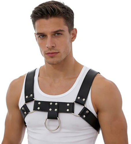 Men‘s PU Leather Chest Harness–Adjustable Shoulder Body Harness for Cosplay,Festival,Stage Performance,Edgy Fashion Punk Costume Accessory,Durable Stitching,Lightweight Comfortable Fit S-XXL