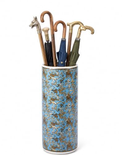 Retro Collections Blue and Gold Flower Umbrella Stand Ceramic 23 Height and 8 Dia Round