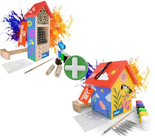 Eli® Insektenhotel + Vogelhaus Bausatz für Kinder aus Kiefernholz DIY Set | zum Bemalen – inkl 6 Farben - Pinsel - Hammer - Schablonen & Vorlagen – DIY Bienenhaus & Wildbienenhotel für Garten & Balkon
