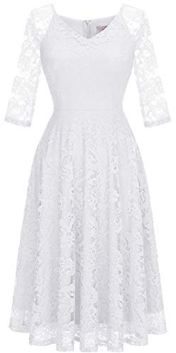 Dressystar Long-Sleeve A-Line Lace Bridesmaid Dress Midi for Wedding Formal Party XL White