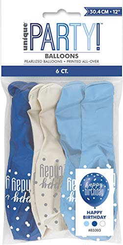 Glitz Light Blue, Royal Blue & White Happy Birthday Latex Balloons (30cm) - Perfect for Memorable Milestone Party Decor - 6ct