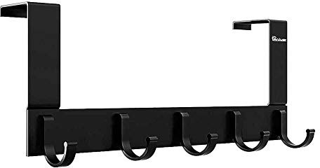 Dörrhängare för kappa, kläder, hängare med 5 krokar för dörr till sovrum, badrum, kök, handdukar, mössor, morgonrockar, nycklar, handväskor, krokar, tillbehör, aluminiumlegering, svart