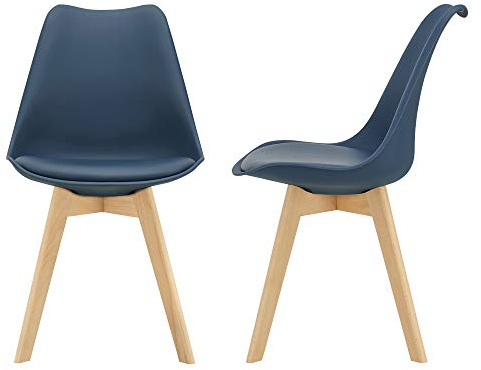 [en.casa] Lot de 2 chaises de Salle à Manger avec Siège Confortable et Rembourré Chaise de Salon Scandinave Construction Robuste Coque Plastique Similicuir Hêtre 82 x 49 x 54 cm Bleu
