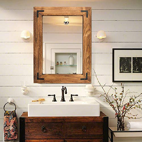 YOSHOOT Rustic Wooden Framed Wall Mirror, Natural Wood Bathroom Vanity Mirror for Farmhouse Decor, Vertical or Horizontal Hanging, 32 x 24, Brown