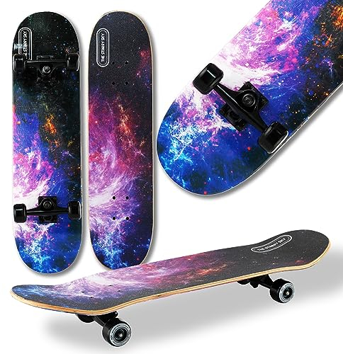 WeLLIFE Skateboard für Anfänger, 80x20cm Holz Skateboard Kinder, Jugendliche Erwachsene,ABEC-9 Kugellager, 9 Schichten Ahorn Double Kick Skate Concave Trick (DBL464)