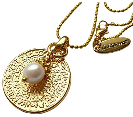 chrissona® lange goldfarbene Kugelkette mit vergoldeter Münze und weißer Perle, Replik Phaistos Scheibe, Geschenk, Frau, Kette, Halskette, in verschiedenen Längen erhältlich, Karabinerverschluss