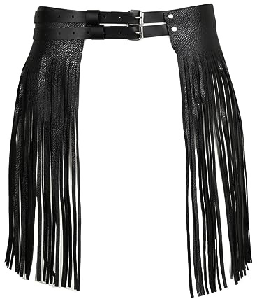 ZUYPSK Damen Kunstleder Bund Fransen Quaste Rock Hippie Boho Hohe Taille Verstellbarer Doppel Taillengürtel Rock Clubwear (Schwarz)