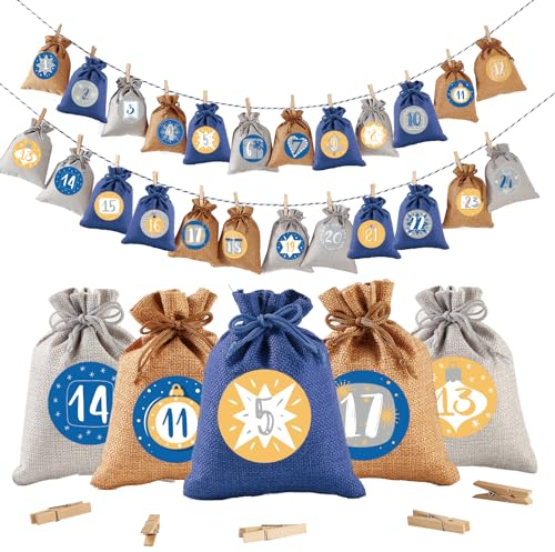 Adventskalender zum Befüllen, Gedruckte Weihnachtskalender Jutesäckchen Selberfüllen, 24 Groß jutebeutel Kette zum selber befüllbar und Aufhängen, 2025 Geschenksäckchen für Kinder (Blau)