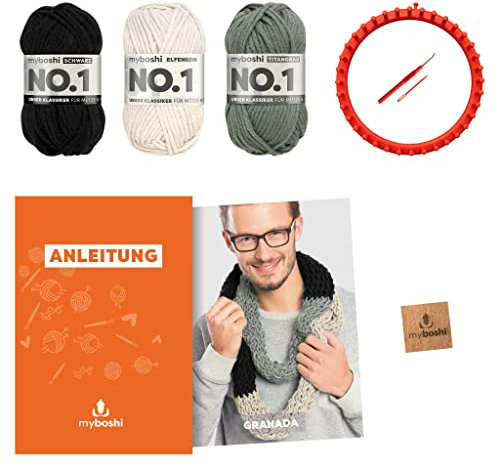 myboshi Strickring-Set Rundschal Granada, inkl. No.1-Wolle, Anleitung und Label, Strickringpaket, Loom-Set 30% Merinowolle Schwarz, mit Strickring