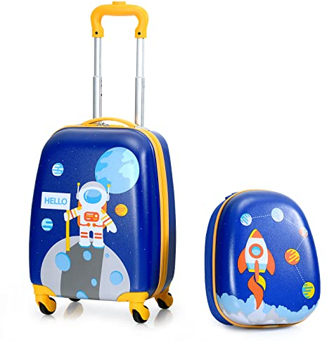 GOPLUS Kinderkoffer mit Rucksack, Kids Trolley, Kindergepäck mit Rollen, Reisekoffer mit Teleskopgriff, Hartschalenkoffer für Kinder, Kindertrolley Farbwahl (Astronaut, 12+16)