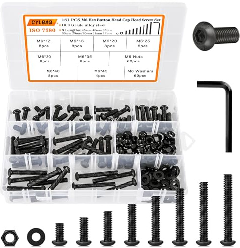 CYLBAQ M6 Nuts and Bolts Assortment Kit, 12mm to 45mm Metric Button Head Hex Socket Head Cap Screws Assorted Set, 180pcs Alloy Steel Machine Screws, Bolts, Nuts and Washers with Wrench