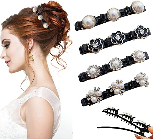 4 Stück Haarspange mit Kristallblume und Perle, Funkelnde Kolibri Clips mit 3 Verschlüssen für Damen, Mädchen, Kinder