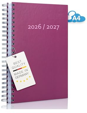 edition cumulus 2026/2027 Dicker Kalender DIN A4 – BROMBEERE (lila) - MADE IN GERMANY - Ideal fürs Büro – Spiralbindung – pro Tag eine volle A4 Seite Platz – Aug 26 – Aug 27