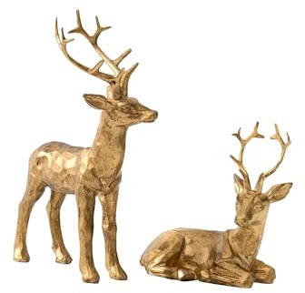DN DECONATION Weihnachtsdeko Hirsch Figuren 2er Set, Goldene Weihnachtsrentier Statue aus Harz, Edle Rentier Deko Figur für Wohnzimmer Tisch Regal Büro, Vintage Weihnachtsdekoration Innen