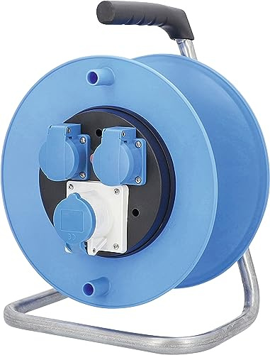 as - Schwabe Camping kabeltrumma tomtrumma Ø 285 mm för ca 50 m kabel, 2 infällda uttag med gångjärnslock 230 V/16 A, 1 CEE-uttag 230 V/16 A, termoskyddsbrytare, IP44, blå, 10179