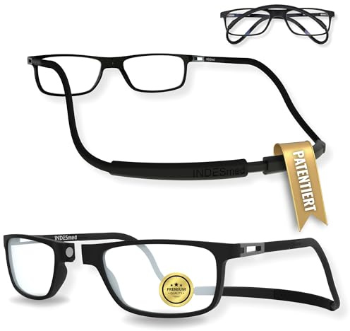 INDESMED Magnetische Lesebrille Faltbar und Verstellbar mit Blaulichtfilter | Modern, Leicht, Patentierte Verstellung, Magnetverschluss, Wechselband mit 1 Klick, Flexibel, Für Damen & Herren | INDESmed