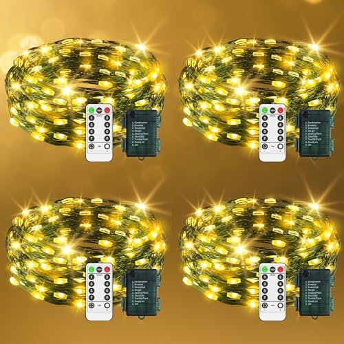 4 Packs Christmas Lights Battery Fairy Lights 9.9 FT Total 240 LED Green Copper Wire String Lights with Remote Timer 8 Modes for Indoor Outdoor Tree Bottle Party Bedroom Decorations Warm White