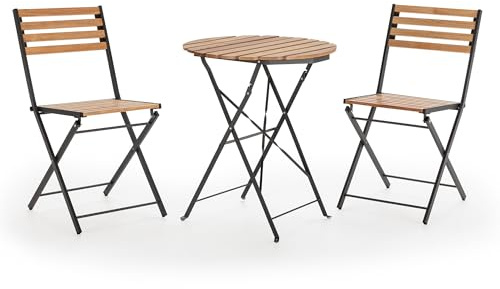HOMN LIVING Gartenmöbel-Set Bernstein, 3-teilig, Schwarz, Tisch und 2 Terrassenstühle aus Holz und Metall