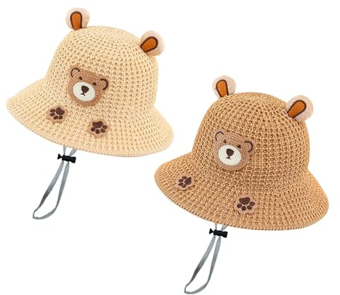 KASESSS 2 stycken björnhatt, stor brätte solhatt, andningsbar babymössa med justerbar hakrem för sommar för barn och flickor, Khaki, beige